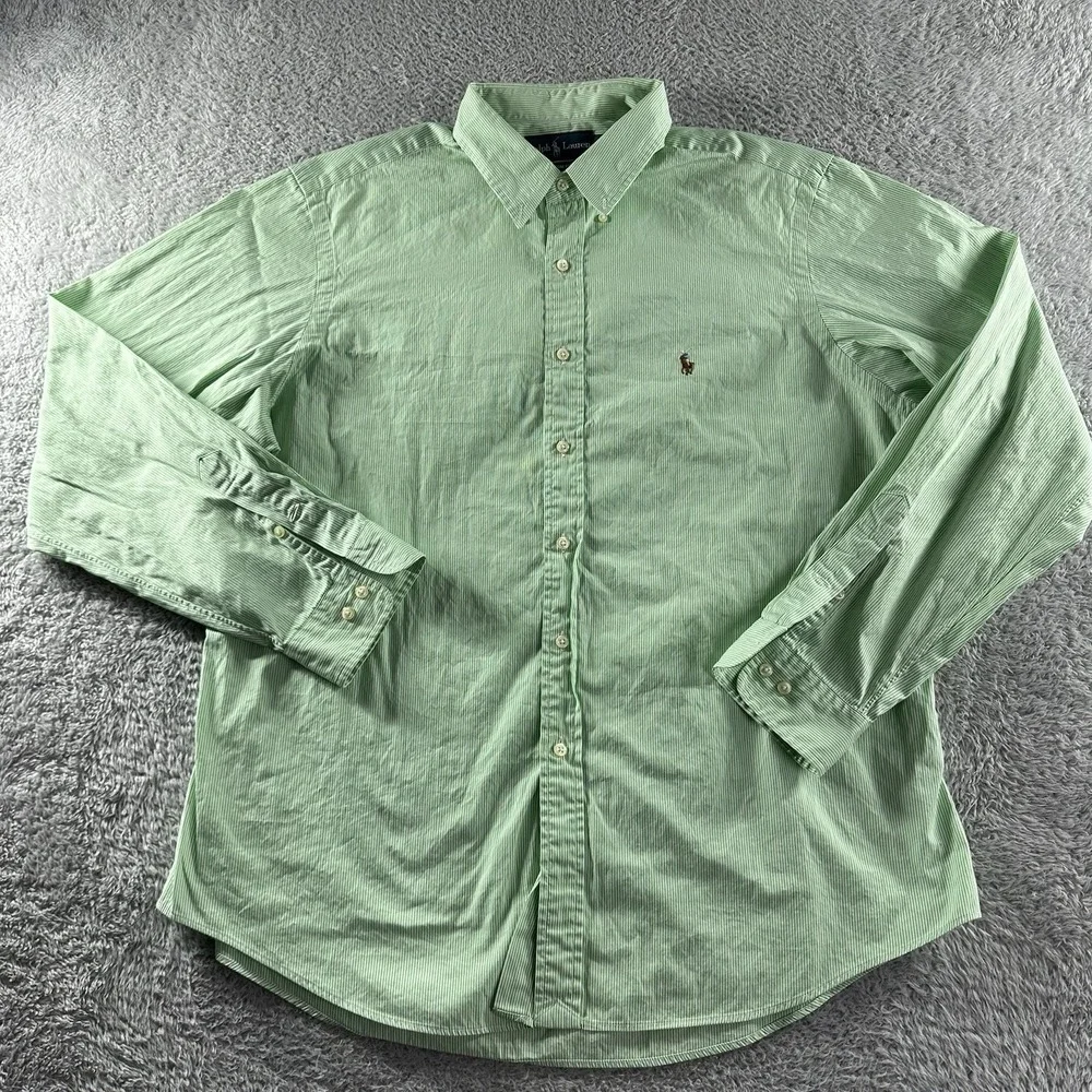VINTAGE Polo Ralph Lauren Shirt Mens 17 1/2 Custom Fit Green Stripe Button Down‎